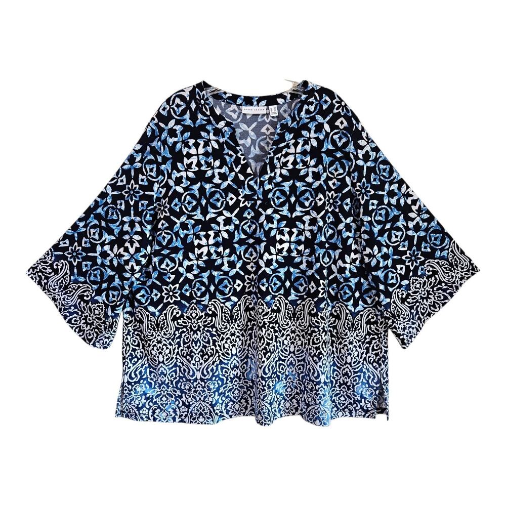 SUSAN GRAVER Plus 2X Tunic Top Blue White Floral 3/4 Sleeve Liquid Knit 52"
